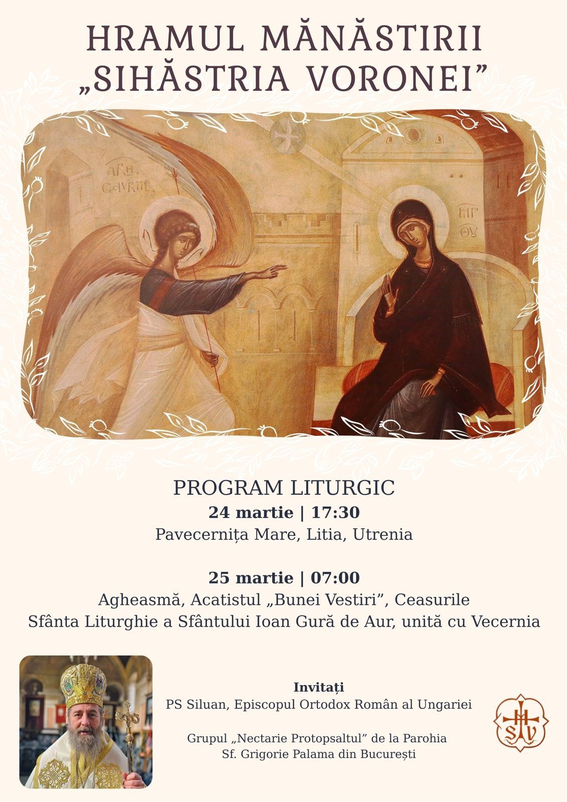 Episcopul Ortodox Român al Ungariei va sluji la hramul Mănăstirii Sihăstria Voronei