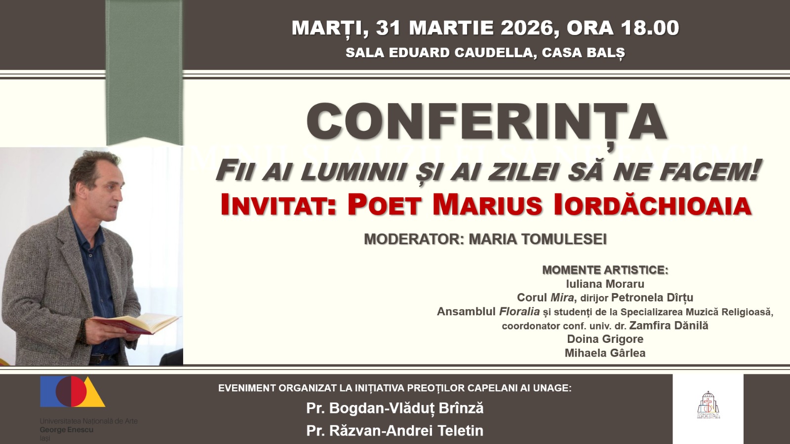 Scriitorul Marius Iordăchioaia va conferenția la Iași