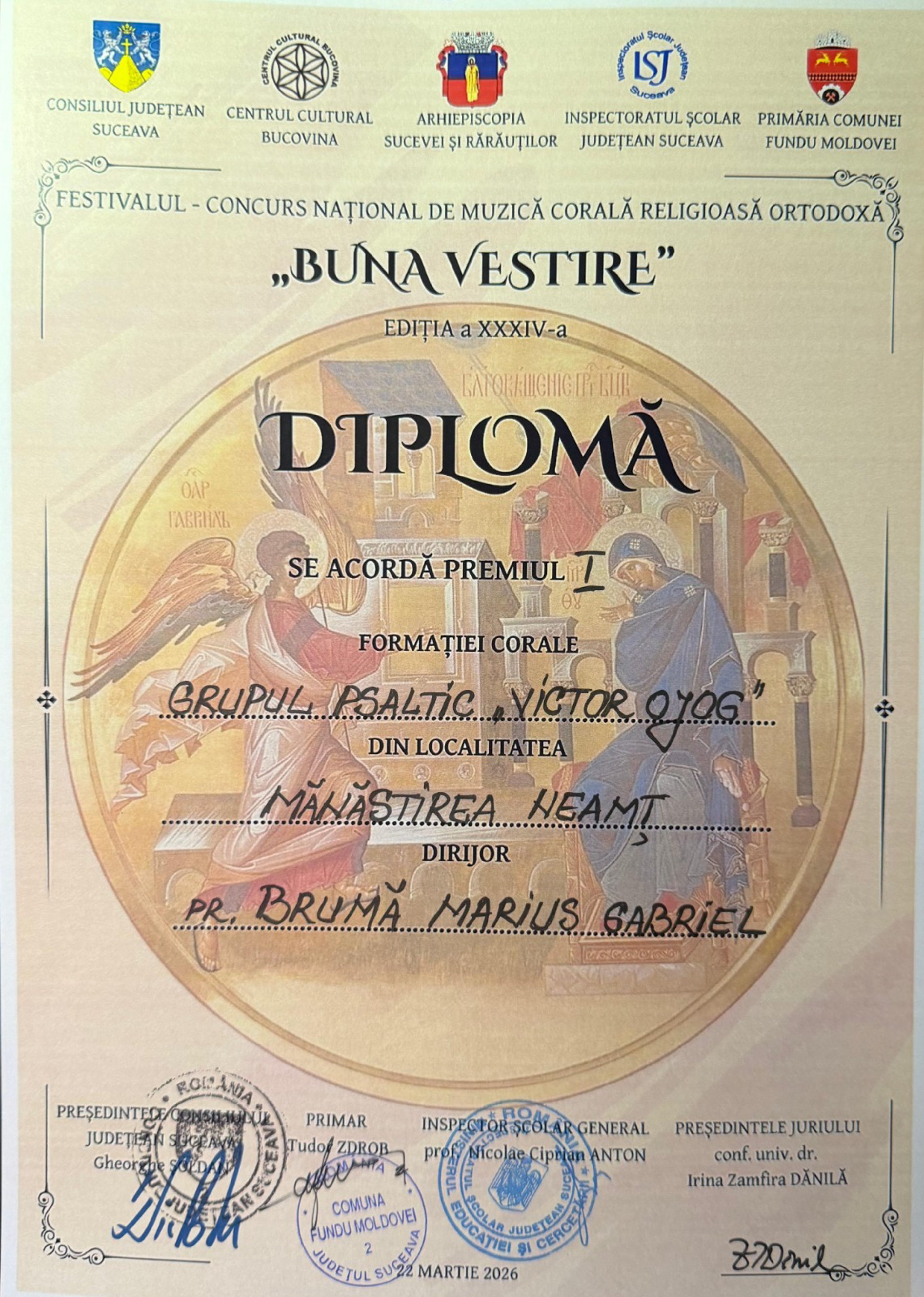 Seminarul de la Mănăstirea Neamț, dublu premiu la Festivalul „Buna Vestire”