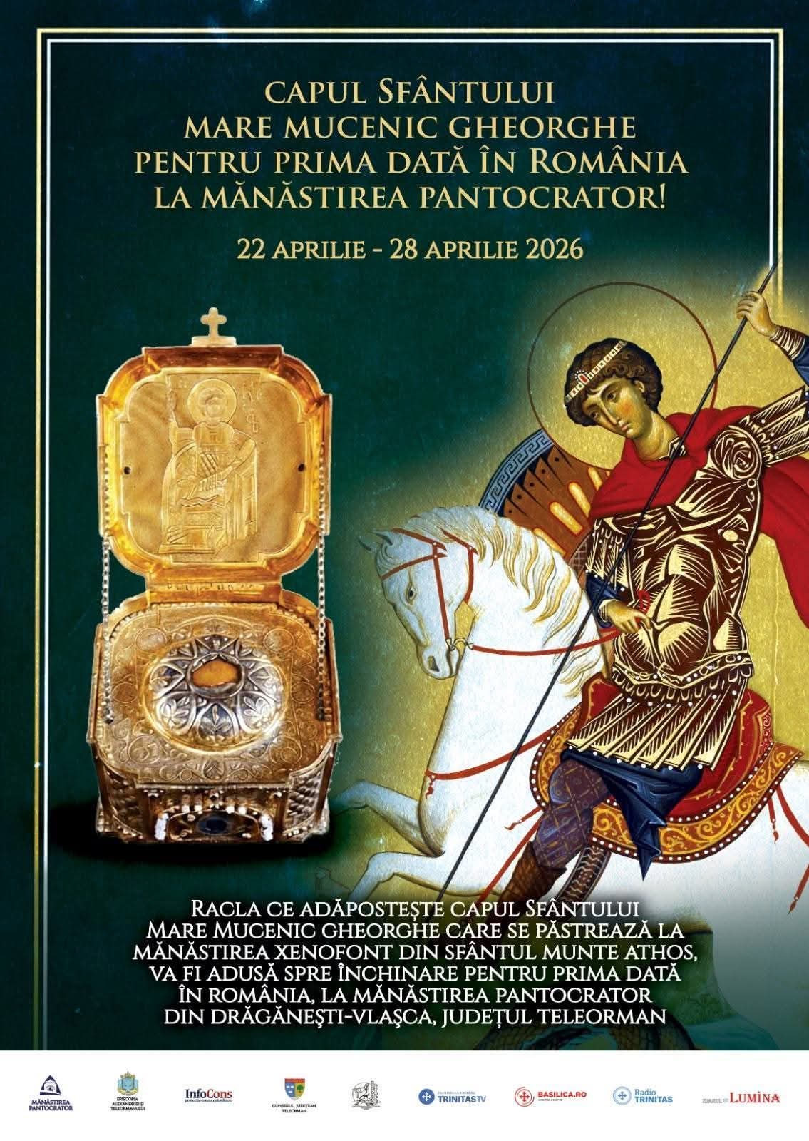 Cinstitul Cap al Sfântului Mare Mucenic Gheorghe, adus la Mănăstirea Pantocrator din Teleorman