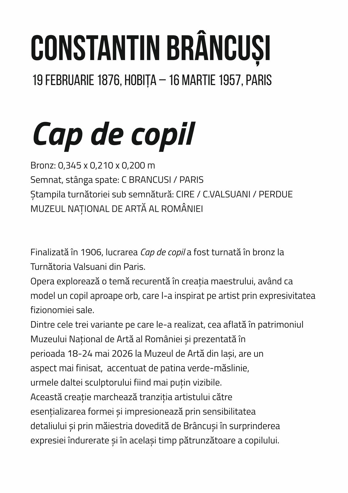„Cap de copil” de Constantin Brâncuși, prezentat în premieră la Iași