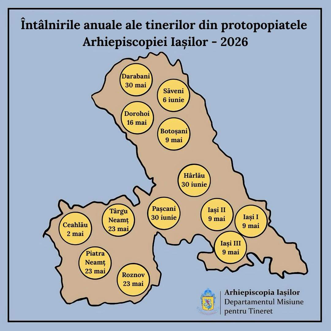 Evenimente care vor avea loc în Arhiepiscopia Iaşilor, în perioada 3-9 mai 2026