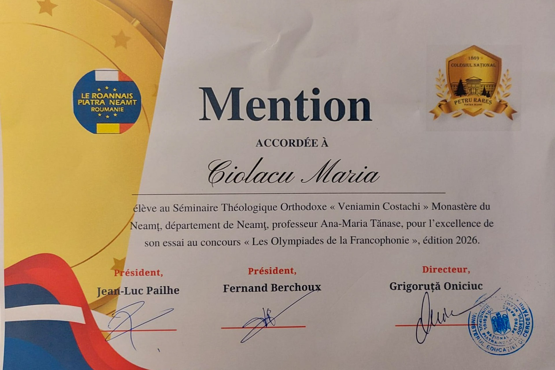 Premiu internațional pentru o elevă pasionată de limba franceză de la Seminarul Teologic Ortodox „Veniamin Costachi” de la Mănăstirea Neamț