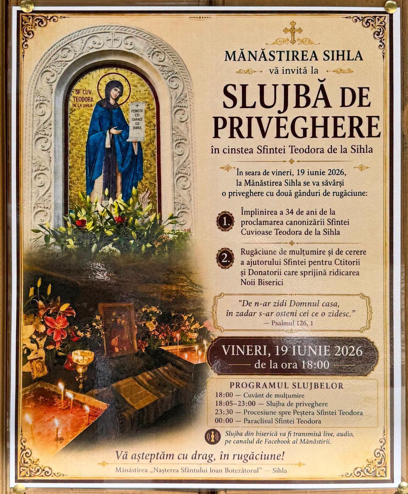 La Mănăstirea Sihla va fi oficiată o slujbă de priveghere în cinstea Sfintei Teodora de la Sihla