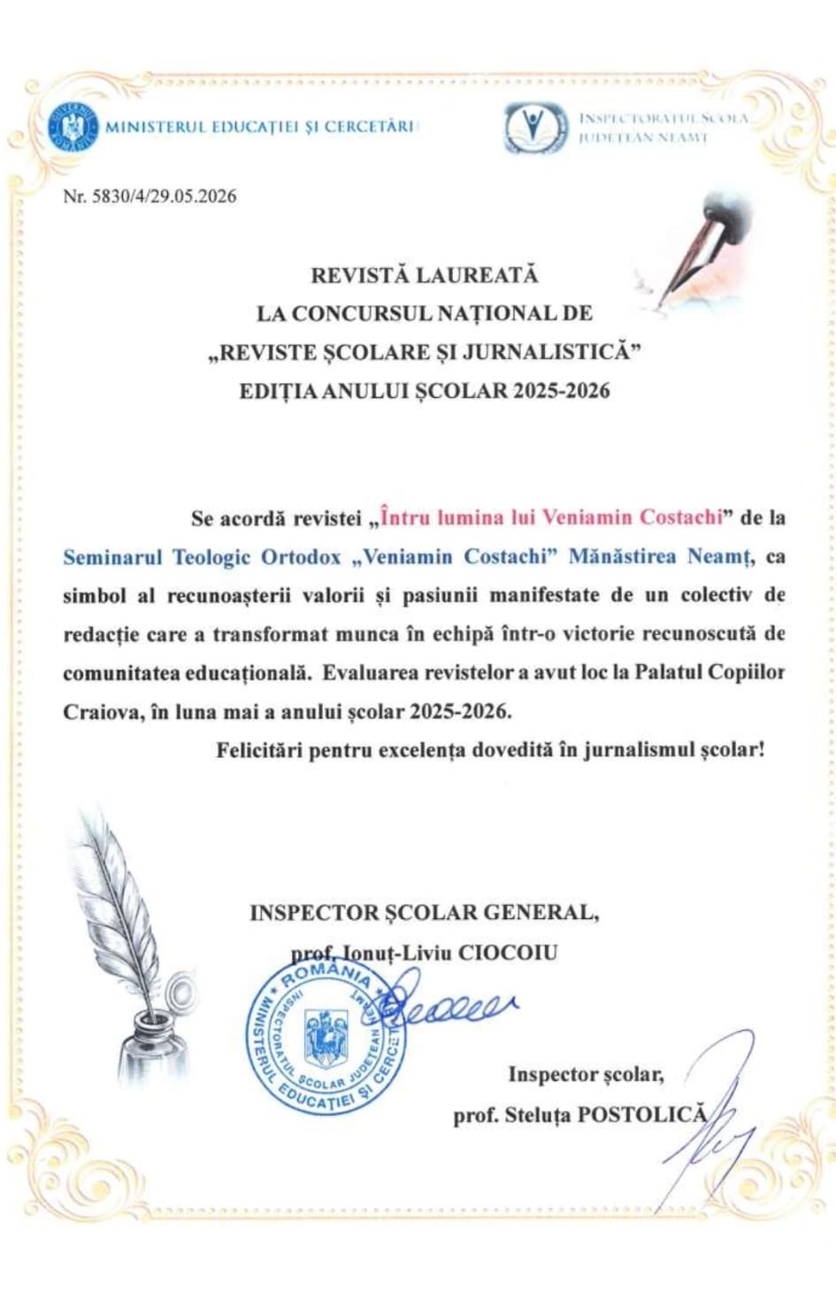 Revista „Întru lumina lui Veniamin Costachi”, a Seminarului Teologic de la Mănăstirea Neamț, laureată la nivel național
