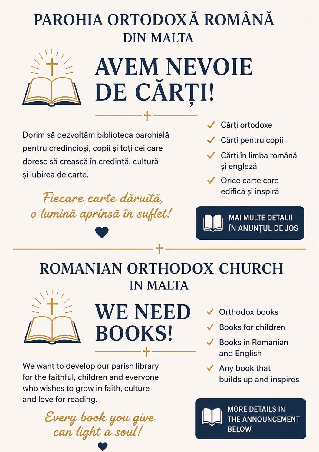 Parohia Ortodoxă Română din Malta lansează o campanie pentru înființarea unei biblioteci parohiale