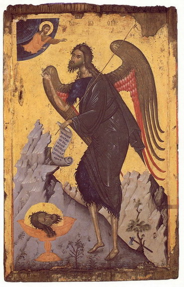 Sfântul Ioan Botezătorul în deșert - icoană sec. XV, Școala rusă de pictură de la Novgorod Sfântul Ioan Botezătorul