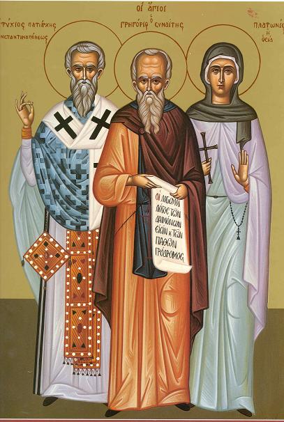 Icoană Sfântul Eutihie, Patriarhul Constantinopolului, Sfântul Cuvios Grigorie Sinaitul și Sfânta Cuvioasă Platonida, Icoană sec. XX, Grecia Sfântul Eutihie, Patriarhul Constantinopolului, Sfântul Cuvios Grigorie Sinaitul și Sfânta Cuvioasă Platonida