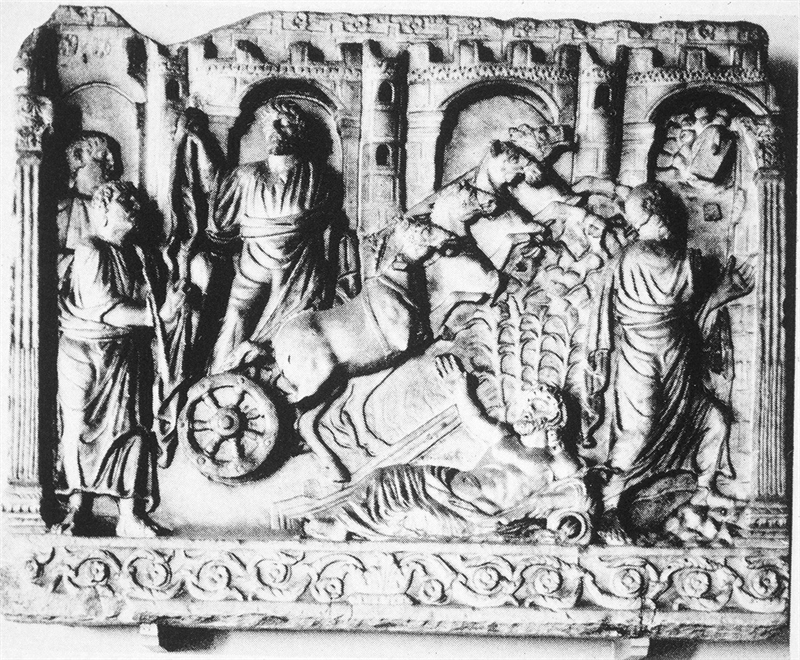 Ridicarea la cer a Sfântului Ilie – sculptură pe un sarcofag, secolul IV, Muzeul Luvru (Paris, Franța) 
	
	Sarcofagul a fost descoperit la Roma (bazilica Sfântul Petru, Vatican, Italia). Acest sarcofag a fost realizat de un sculptor creștin tributar artei antice greco-romane. Sfântul Prooroc Ilie este înfățișat stând în picioare în carul de foc, ținându-și mantia, în timp ce Elisei și o altă persoană se uită la el. O figură alegorică stă sub carul de foc, reprezentând râul Iordan. În partea dreaptă este înfățișat Moise care primește tablele legii. Toate aceste reprezentări ale Sfântului Ilie dovedesc cât de vie era în lumea antică povestea marelui profet. Sarcofagul conține și alte scene: Mântuitorul Iisus Hristos și Sfinții Apostoli, Sacrificarea lui Isaac. Ridicarea la cer a Sfântului Ilie