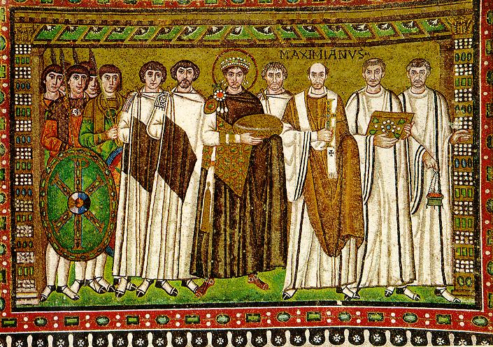 Împăratul Iustinian I (526 - 565) - mozaicul din Bazilica San Vitale, Ravenna. Mozaicul celebrează recucerirea Italiei de către Armata Bizantină sub comanda ingenioasă a generalului Belisarius. Împăratul Iustinian I