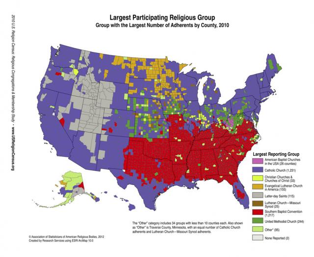 Harta credinţelor predominante în America