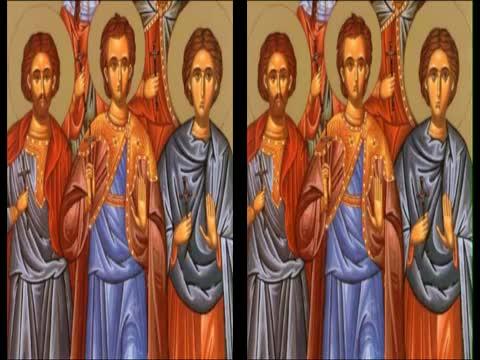 Troparul Sfinților Mucenici Paulin, Dionisie și Petru și a Sfintei Hristina și cele 7 sfinte fecioare impreuna cu ea (în limba greacă)