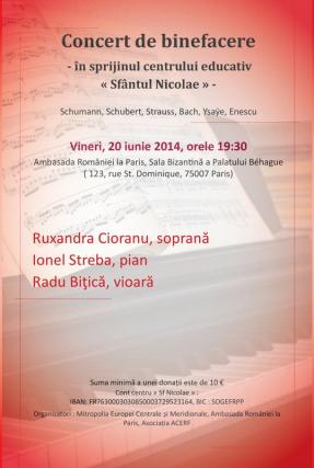 Concert caritativ pentru susţinerea primului centru educativ bilingv româno-francez din Paris