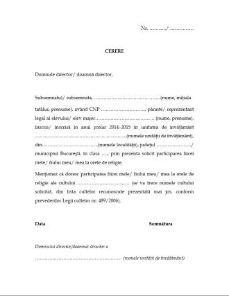 Părinţii pot opta pentru ora de religie până la 6 martie (model cerere ataşată)