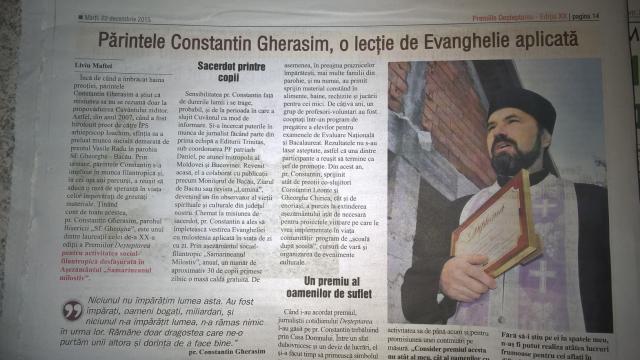 Părintele Constantin Gherasim, premiat de cotidianul "Deşteptarea"
