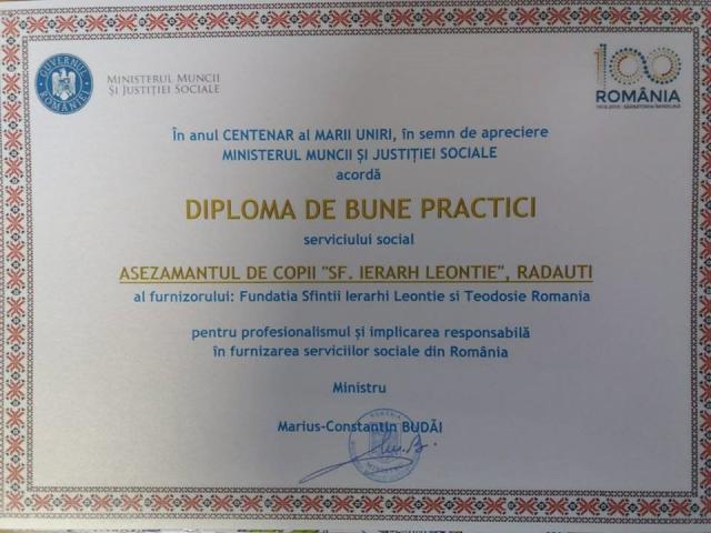 Aşezământul de Copii ,,Sfântul Ierarh Leontie”, premiat de Ministerul Muncii și Justiției Sociale
