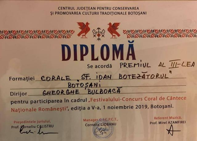 Corul „Sfântul Ioan Botezătorul”, premiat la un festival organizat la Botoşani