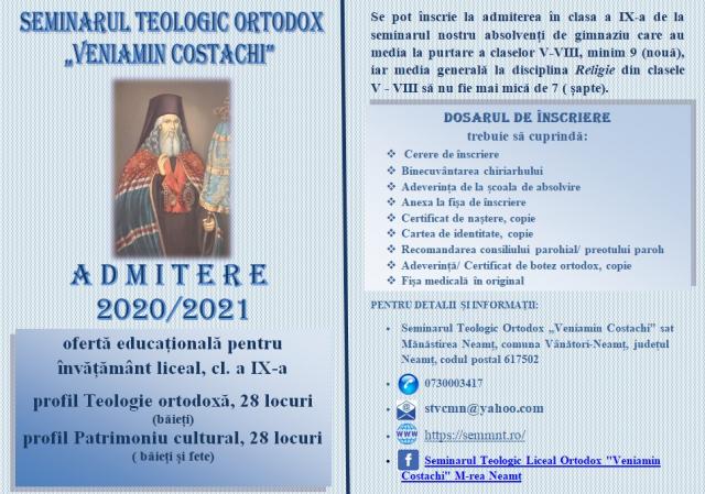 Sesiune de admitere la Seminarul Teologic Ortodox „Veniamin Costachi” de la Mănăstirea Neamț pentru anul școlar 2020/2021, iunie 2020