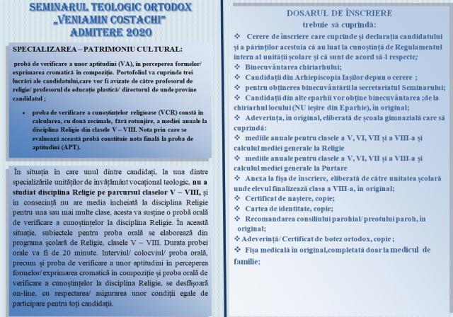 Sesiune de admitere la Seminarul Teologic Ortodox „Veniamin Costachi” de la Mănăstirea Neamț pentru anul școlar 2020/2021, iunie 2020