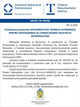 Finalizarea proiectului „Documentație tehnico-economică pentru restaurarea și consolidarea Palatului mitropolitan”