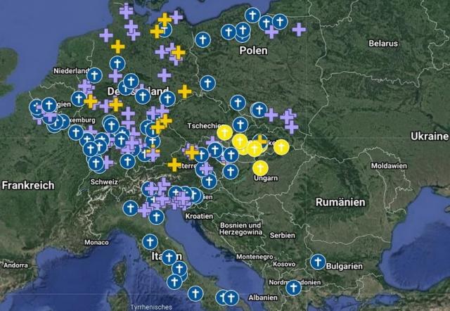 Harta cimitirelor din Europa Centrală unde se găsesc morminte ale soldaților români