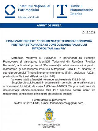 Finalizare proiect: „Documentație tehnico-economică pentru restaurarea și consolidarea Palatului Mitropolitan, faza PTh”