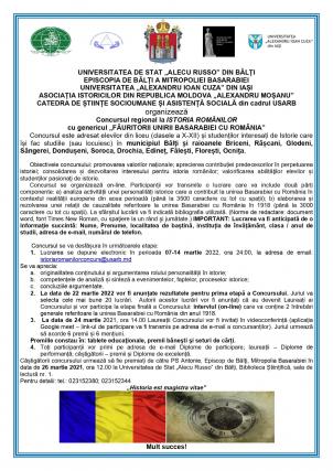 Concurs la Istoria Românilor cu genericul „Făuritorii Unirii Basarabiei cu România”