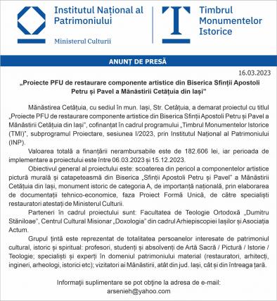 Anunț lansare proiect: „Proiecte PFU de restaurare componente artistice din Biserica Sfinții Apostoli Petru și Pavel a Mănăstirii Cetățuia din Iași”