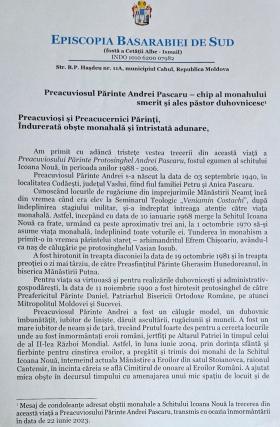 Protosinghelul Andrei Pascaru de la Schitul Icoana Nouă a fost înmormântat