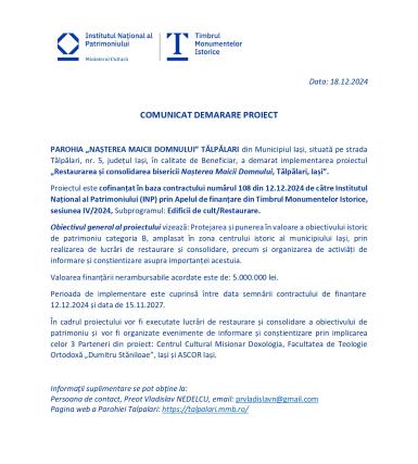 Comunicat demarare proiect: „Restaurarea și consolidarea bisericii «Nașterea Maicii Domnului», Tălpălari, Iași”
