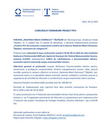Comunicat demarare proiect PFU: „Proiecte PFU de restaurare componente artistice de la biserica «Nașterea Maicii Domnului», Tălpălari, monument de categoria B”