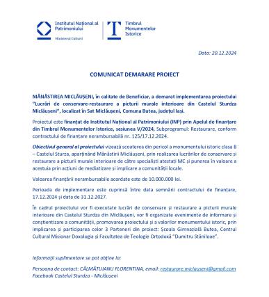 Comunicat demarare proiect: „Lucrări de conservare-restaurare a picturii murale interioare din Castelul Sturdza Miclăușeni”