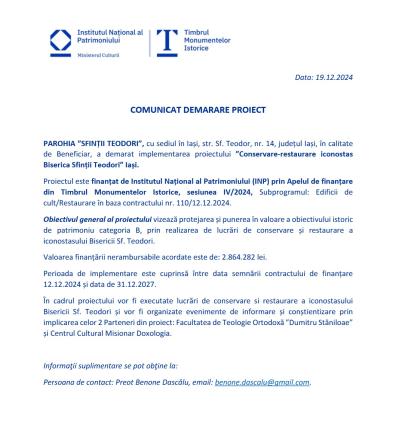 Comunicat demarare proiect: „Conservare-restaurare iconostas Biserica Sfinții Teodori” Iași
