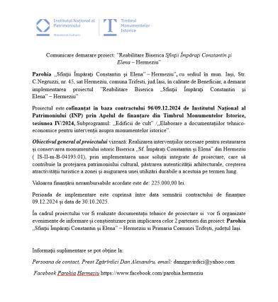 Comunicare demarare proiect: „Reabilitare Biserica «Sfinţii Împăraţi Constantin şi Elena» – Hermeziu”