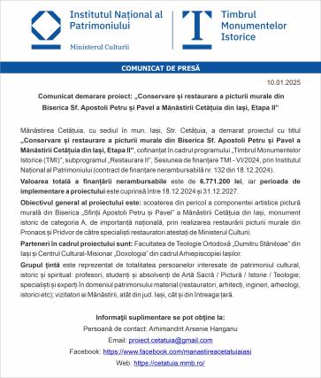 Comunicat demarare proiect: „Conservare și restaurare a picturii murale din Biserica Sf. Apostoli Petru și Pavel a Mănăstirii Cetățuia din Iași, Etapa II”