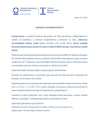 Comunicat demarare proiect: „Elaborarea documentațiilor tehnice, fazele D.A.L.I., D.T.A.C., P.T. și D.E., P.F.U., pentru investiția Renovarea, restaurarea și punerea în valoare a Bisericii Sfântul Nicolae, orașul Roznov, județul Neamț”