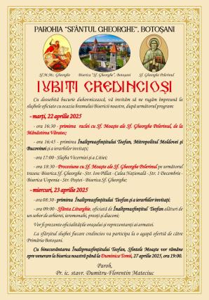 Evenimente care vor avea loc în Arhiepiscopia Iaşilor, în perioada 20-26 aprilie 2025