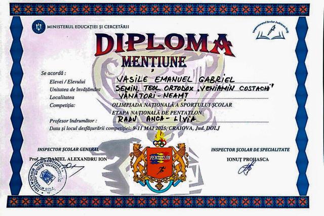Performanță deosebită la Olimpiada Națională de Pentatlon: un elev seminarist, un exemplu de perseverență și curaj