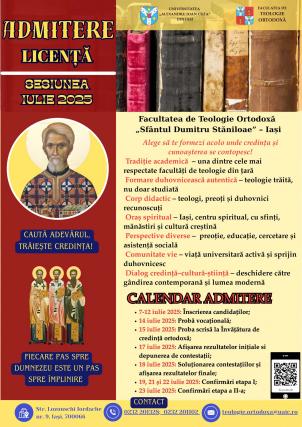Facultatea de Teologie Ortodoxă a Universității „Alexandru Ioan Cuza” din Iași organizează, în luna iulie 2025, sesiunea de admitere pentru studiile universitare de licență și masterat