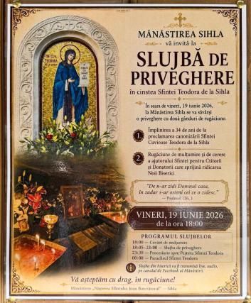 La Mănăstirea Sihla va fi oficiată o slujbă de priveghere în cinstea Sfintei Teodora de la Sihla
