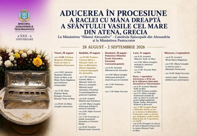 Mâna dreaptă a Sfântului Vasile cel Mare, adusă în procesiune în Episcopia Alexandriei și Teleormanului