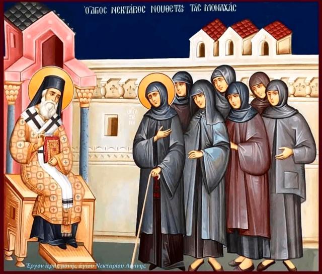Sfântul Ierarh Nectarie împreună cu monahiile de la Mănăstirea „Sfânta Treime” din Eghina