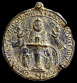 Medalion reprezentând în centru pe Sfântul Simeon din Muntele Minunat încununat de către arhangheli