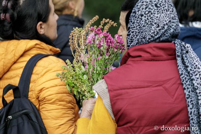 Busuioc și flori aduse de pelerini pentru Sfânta Parascheva