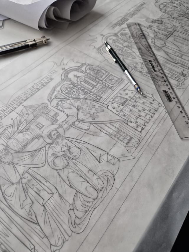 (Foto) Din atelier, pentru veșnicie: desenele Anei-Maria Zară pentru raclele Cuvioșilor Cleopa și Paisie de la Sihăstria