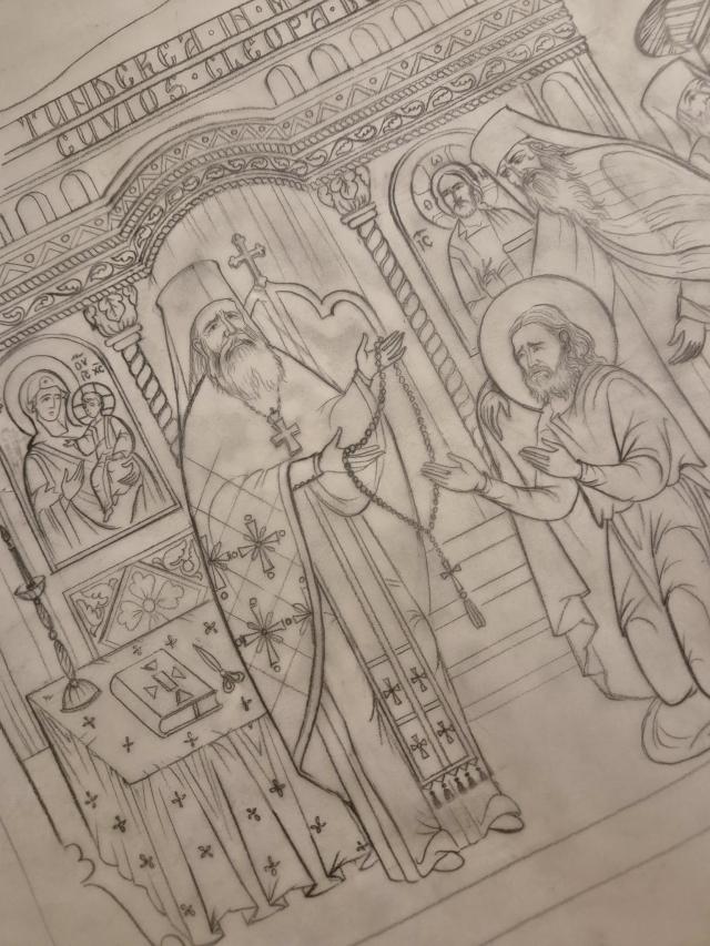 (Foto) Din atelier, pentru veșnicie: desenele Anei-Maria Zară pentru raclele Cuvioșilor Cleopa și Paisie de la Sihăstria