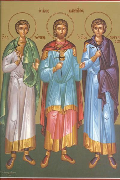 Sfinții Mucenici Trofim, Savatie și Dorimedont	Icoană sec. XX, Mănăstirea Panahrantou, Megara (Grecia) - Colecția Sinaxar la Sfinții zilei (icoanele litografiate se găsesc la Catedrala Mitropolitană din Iași) Sfântul Mucenic Savatie