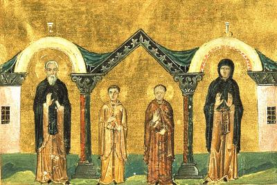 Sfinții Cuvioși Xenofont, Maria, Arcadie și Ioan - miniatură din Menologhionul lui Vasile al II-lea Macedoneanul (985. Vatican Library. Roma.) Sfânta Cuvioasă Maria, soția Sfântului Cuvios Xenofont