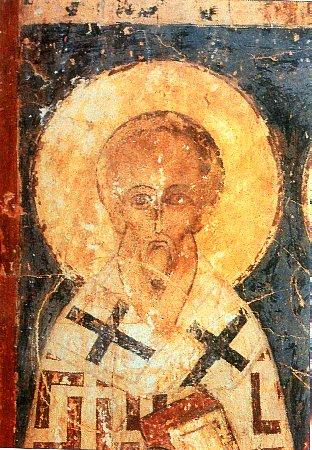 Sfântul Ierarh Alexandru, Arhiepiscopul Ierusalimului - frescă din Novgorod, secolul al XV-lea Sfântul Ierarh Alexandru, Arhiepiscopul Ierusalimului