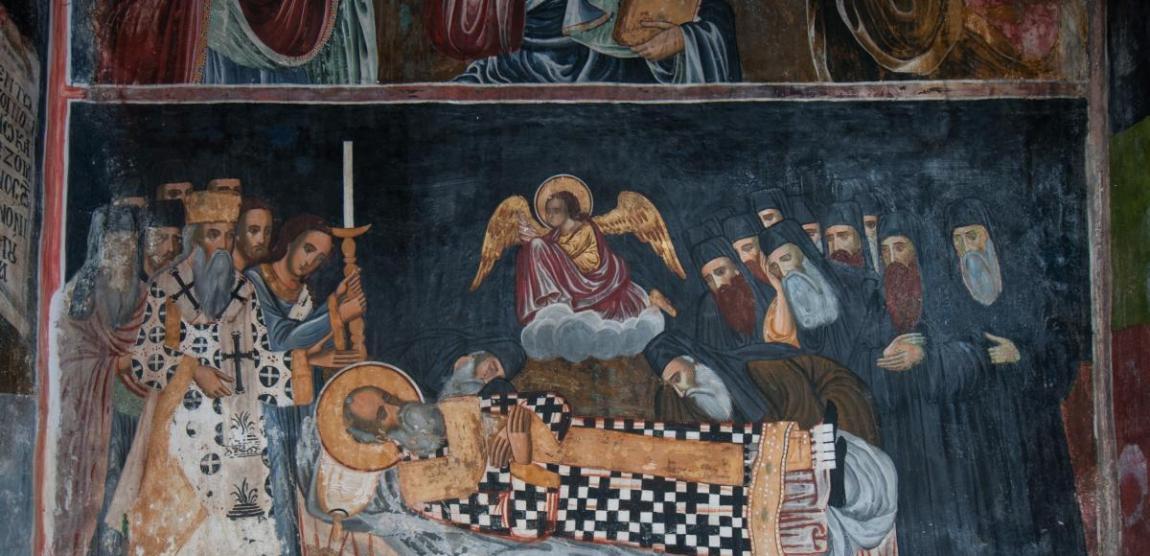 Adormirea Sfântului Ierarh Nifon, frescă de la Mănăstirea Dionisiu, Athos
